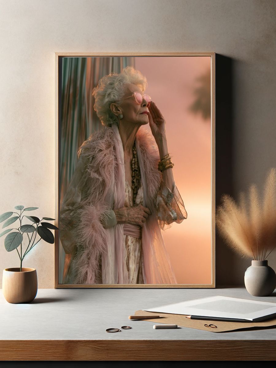 Elderly Woman at Sunset Photography Poster. — room view 2