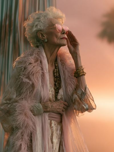 Elderly Woman at Sunset Photography Poster.