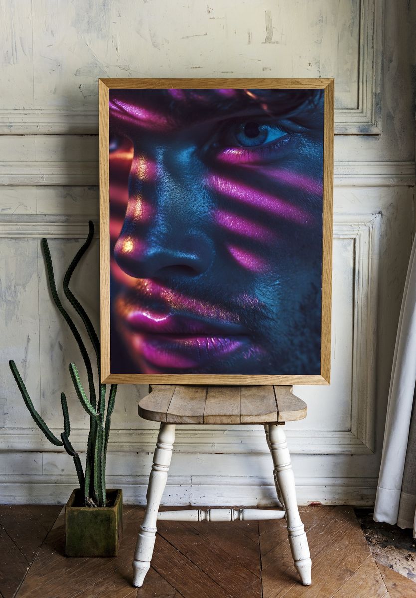 Striking Portrait with Neon Shadows — Photography Print. — room view 1