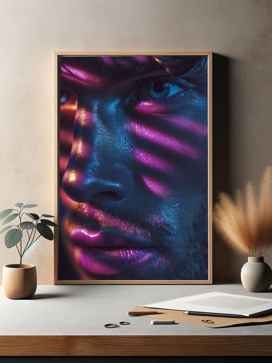 Striking Portrait with Neon Shadows — Photography Print. — room view 2