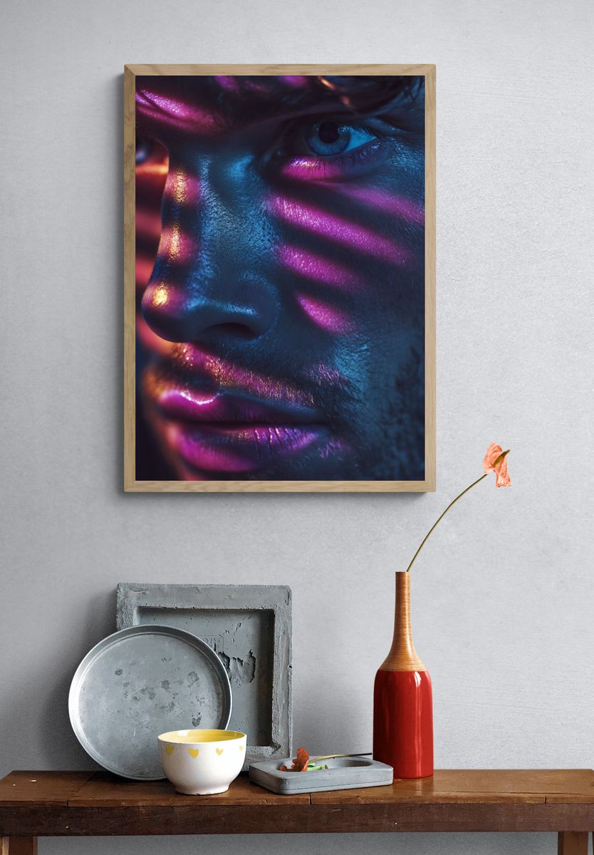 Striking Portrait with Neon Shadows — Photography Print. — room view 3