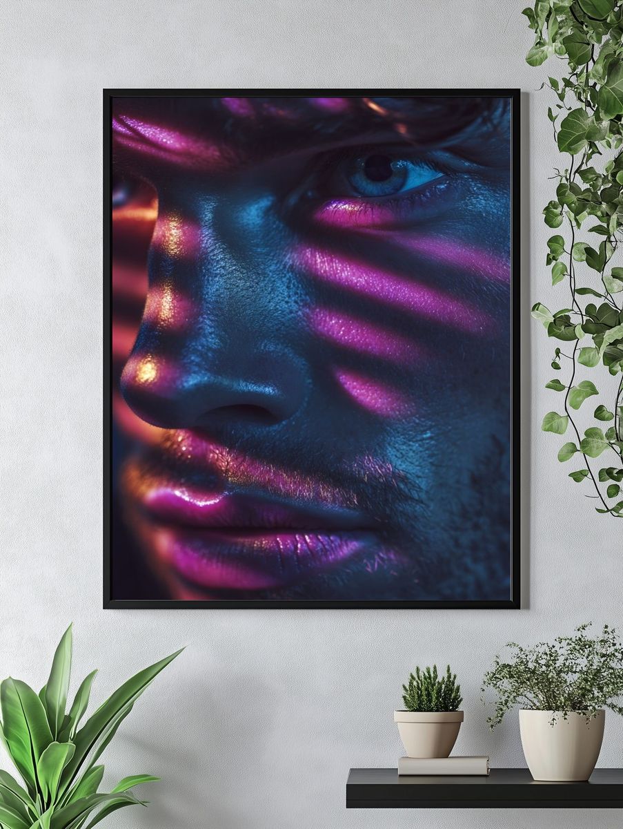 Striking Portrait with Neon Shadows — Photography Print. — room view 4