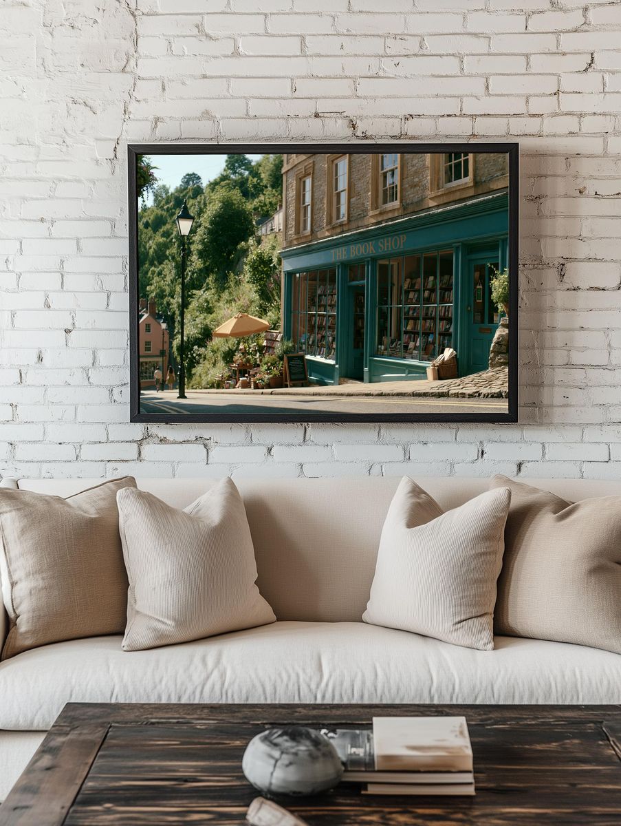 Quaint Bookshop Street Scene Poster. — room view 1