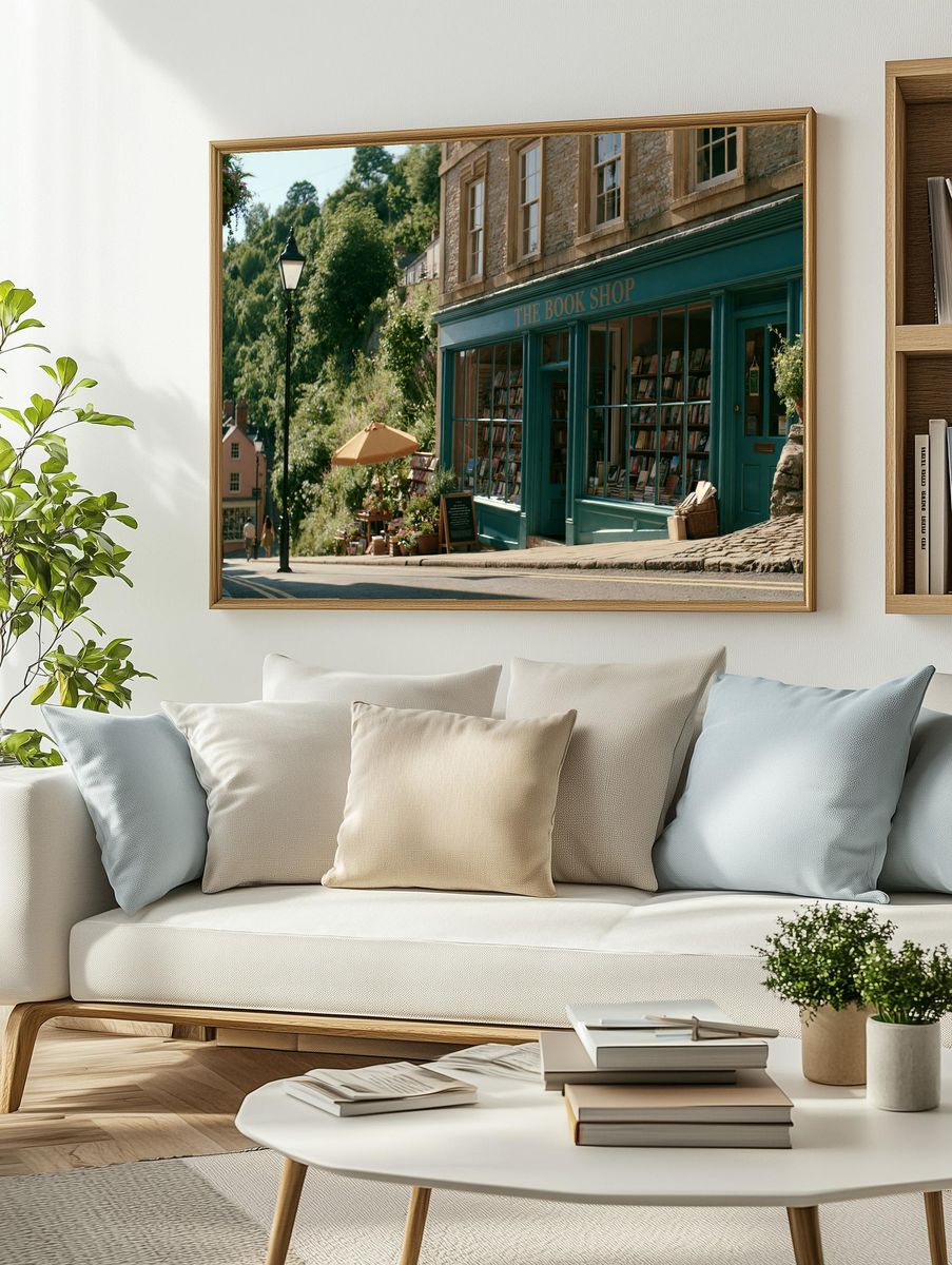 Quaint Bookshop Street Scene Poster. — room view 2
