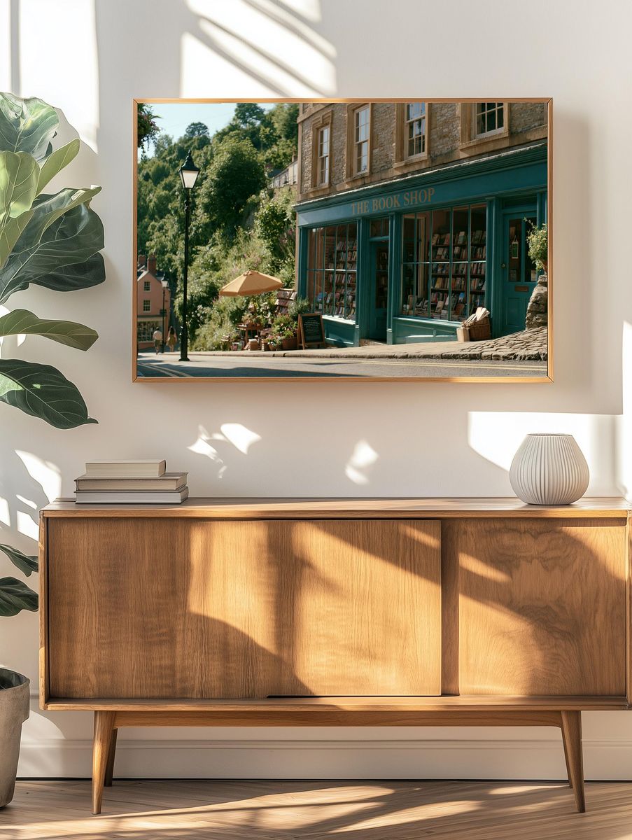 Quaint Bookshop Street Scene Poster. — room view 3