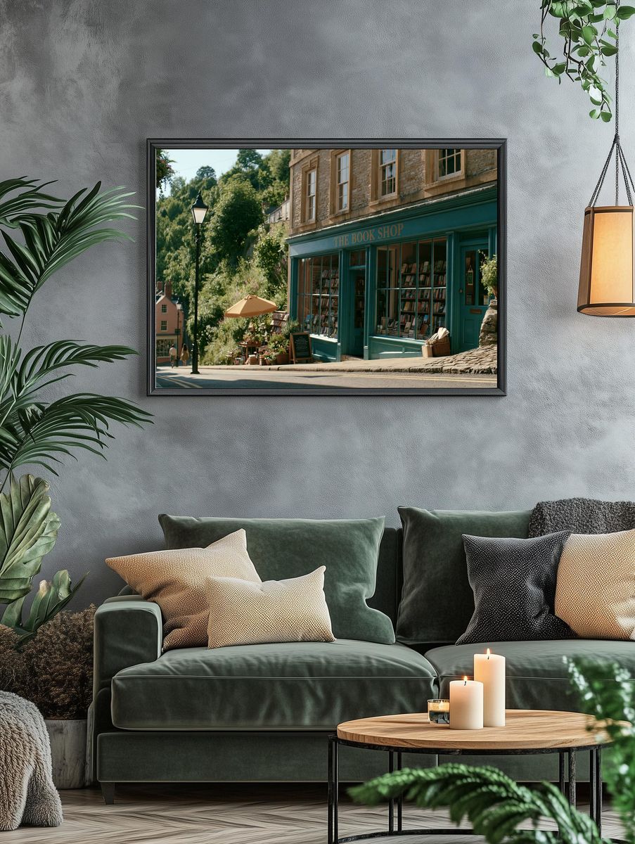 Quaint Bookshop Street Scene Poster. — room view 4
