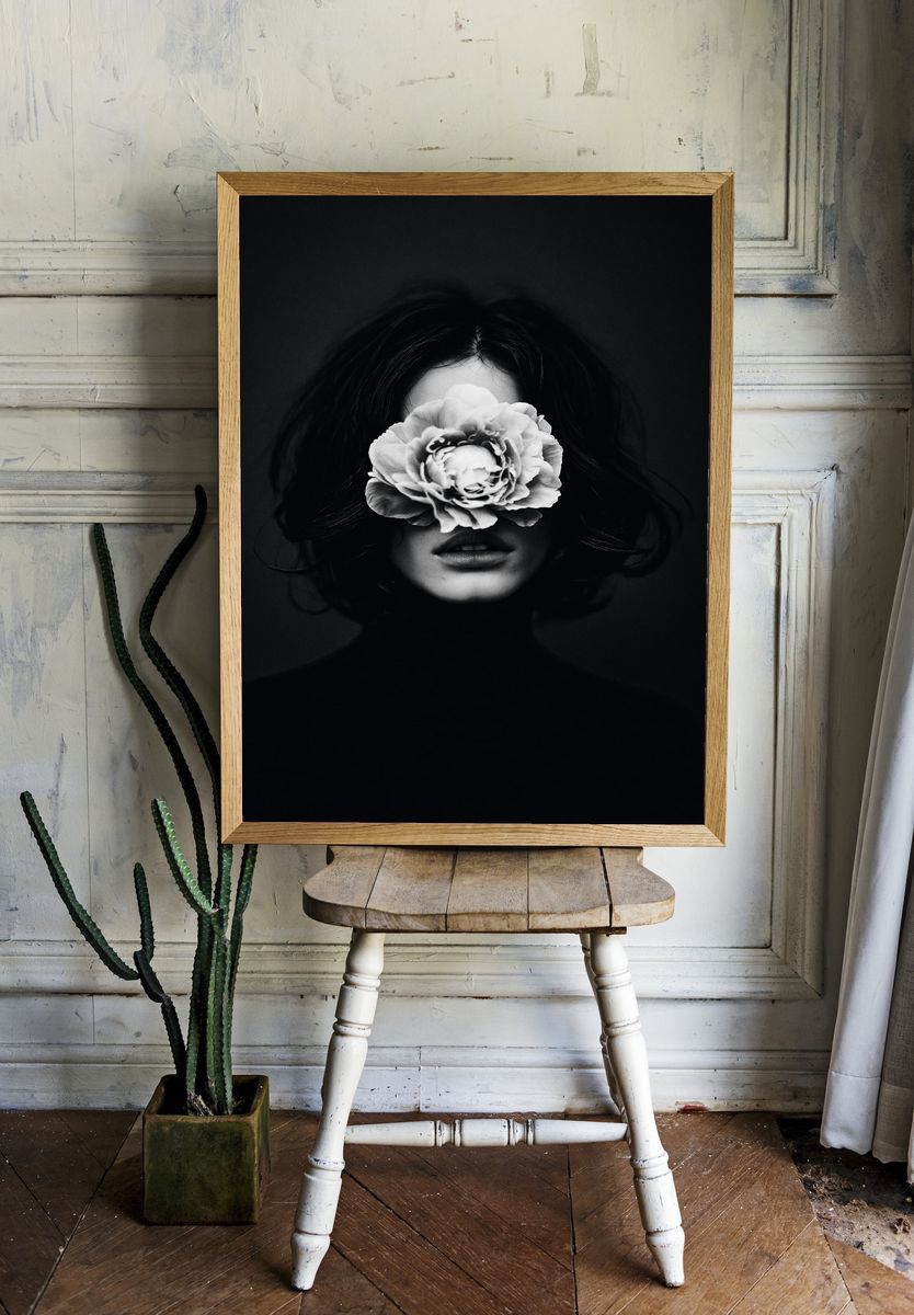 Floral Portrait Black-White Print. room preview