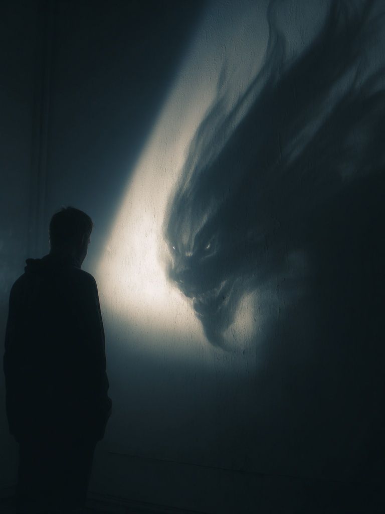 Shadow Figure and Wolf Silhouette Print. poster detail