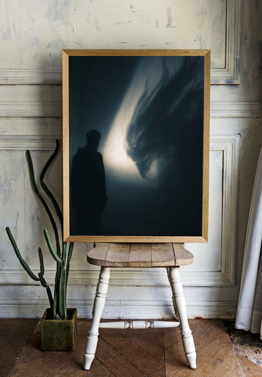 Shadow Figure and Wolf Silhouette Print. room preview