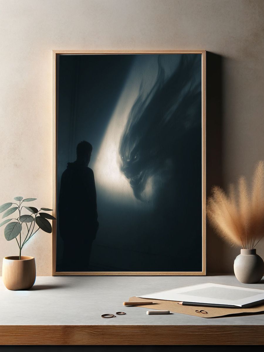 Shadow Figure and Wolf Silhouette Print. — room view 2