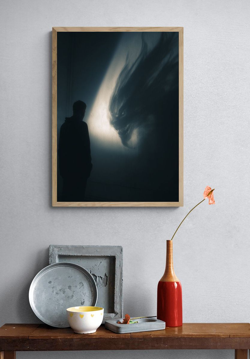 Shadow Figure and Wolf Silhouette Print. — room view 3