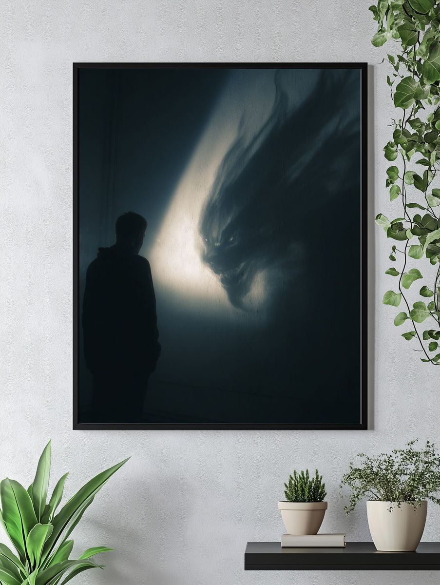 Shadow Figure and Wolf Silhouette Print. — room view 4