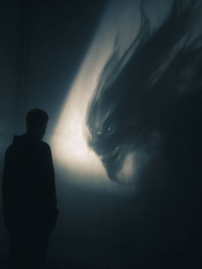 Shadow Figure and Wolf Silhouette Print. poster