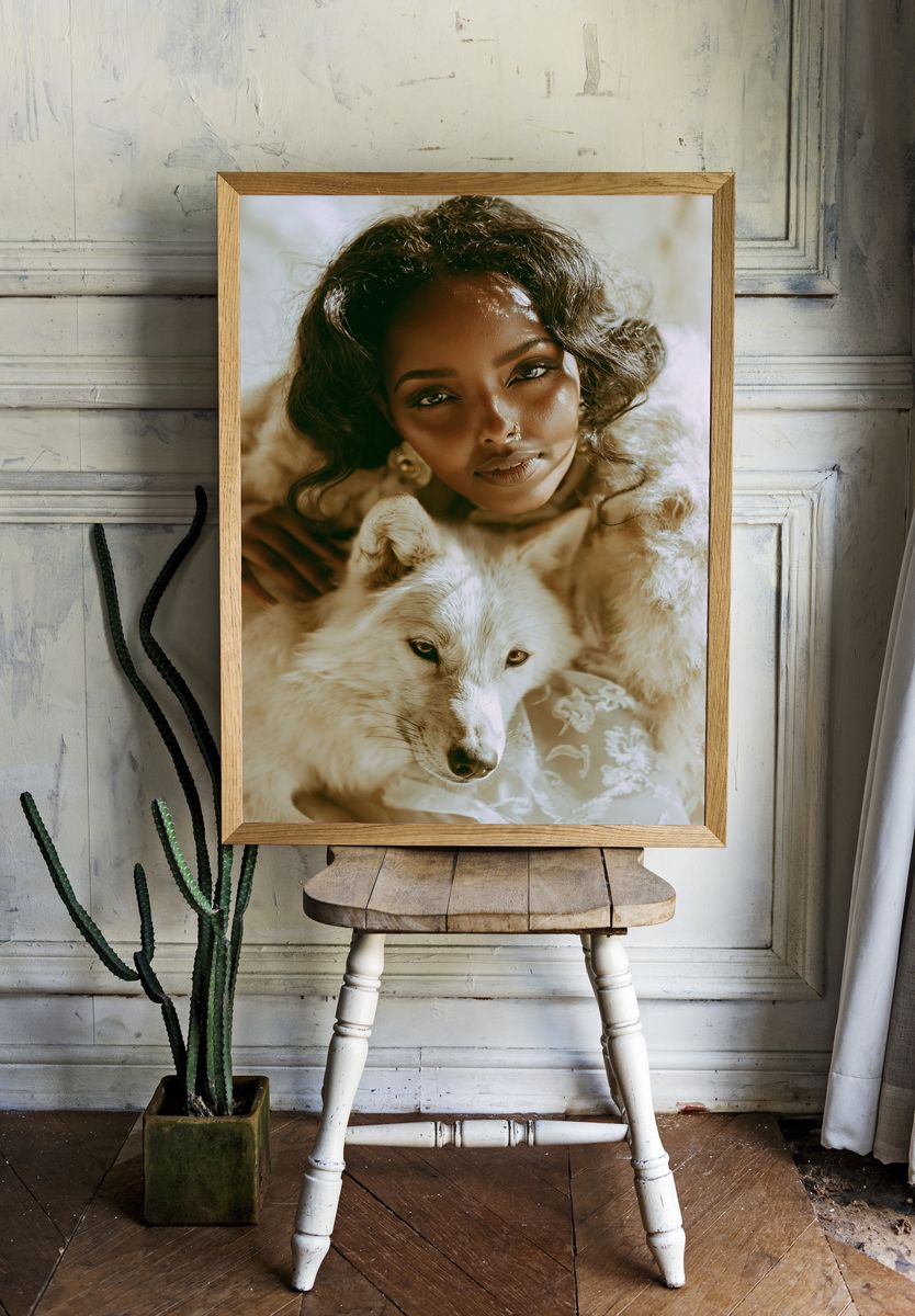 Woman and Wolf Portrait Print. room preview