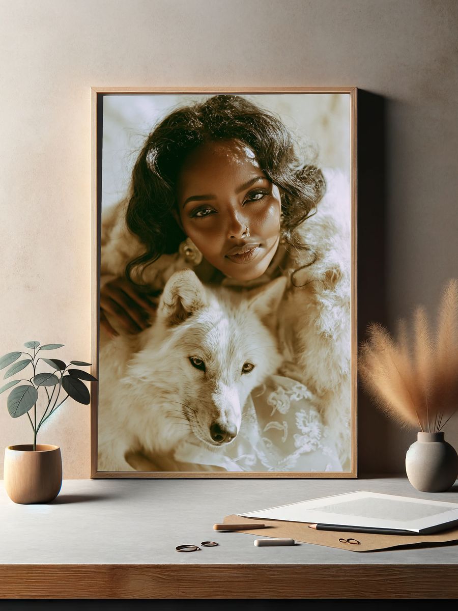 Woman and Wolf Portrait Print. — room view 2