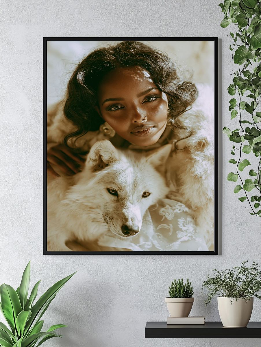 Woman and Wolf Portrait Print. — room view 4