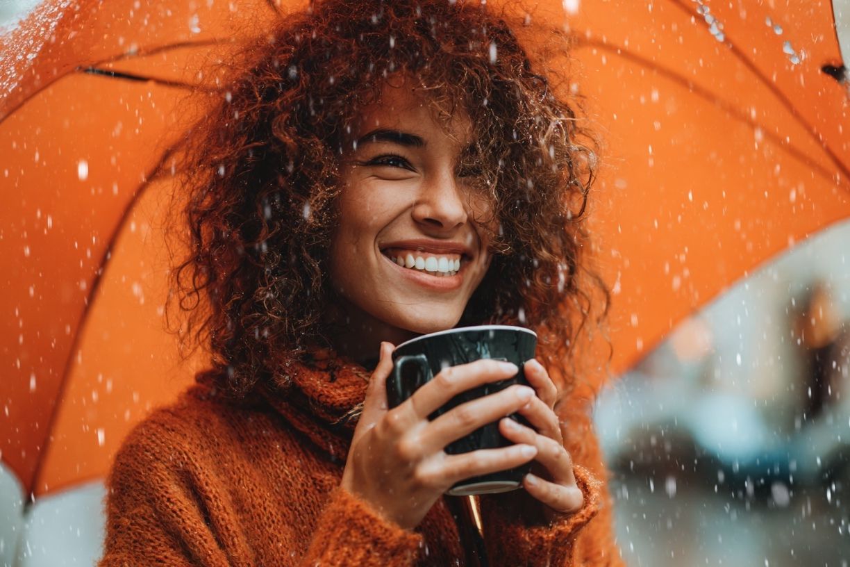 Smiling Woman in Rain Photography Poster. poster detail