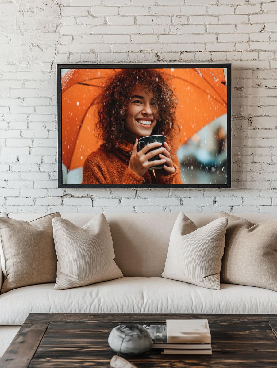 Smiling Woman in Rain Photography Poster. — room view 1