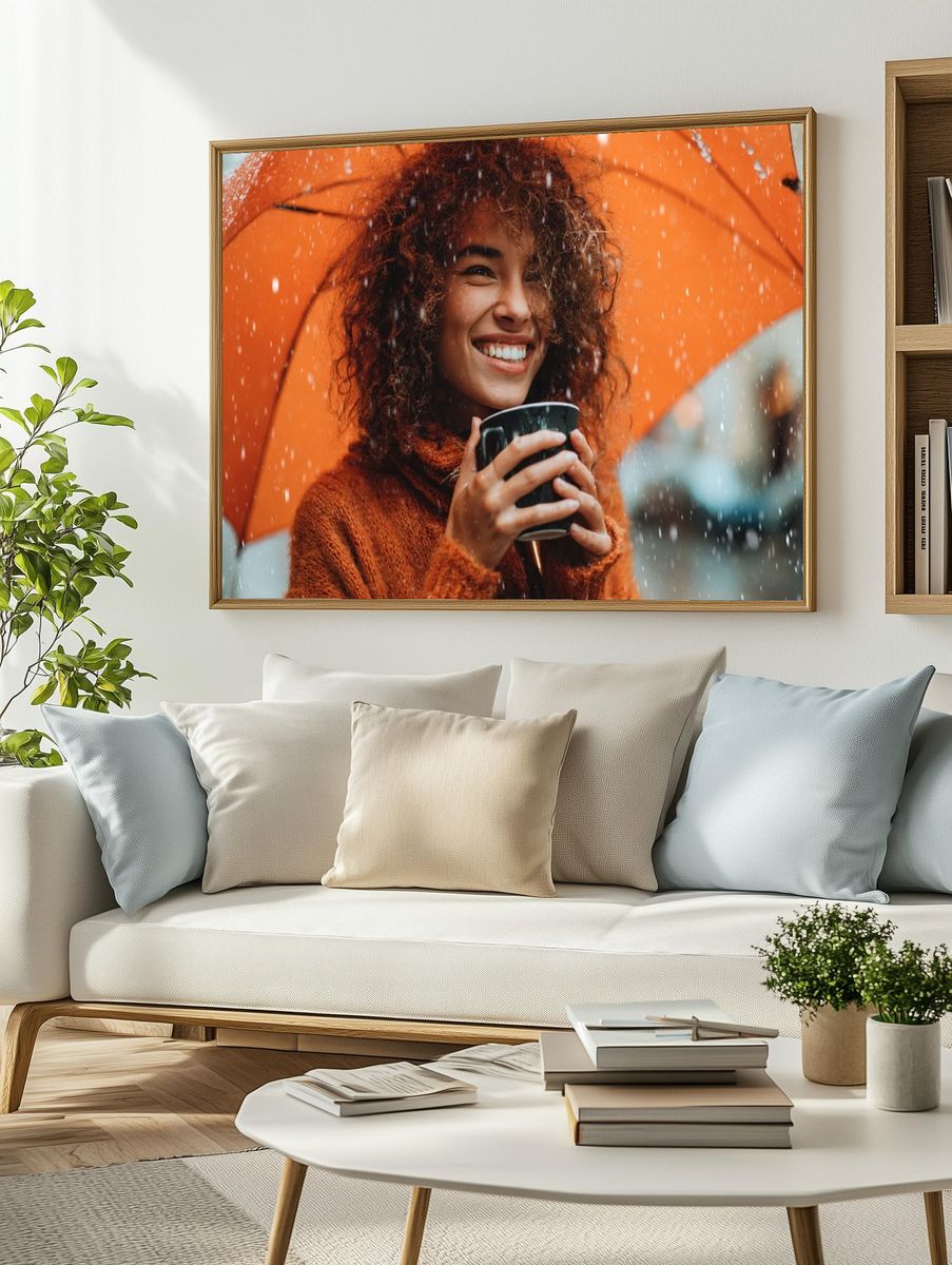 Smiling Woman in Rain Photography Poster. — room view 2