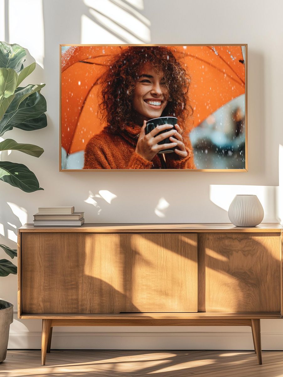 Smiling Woman in Rain Photography Poster. — room view 3