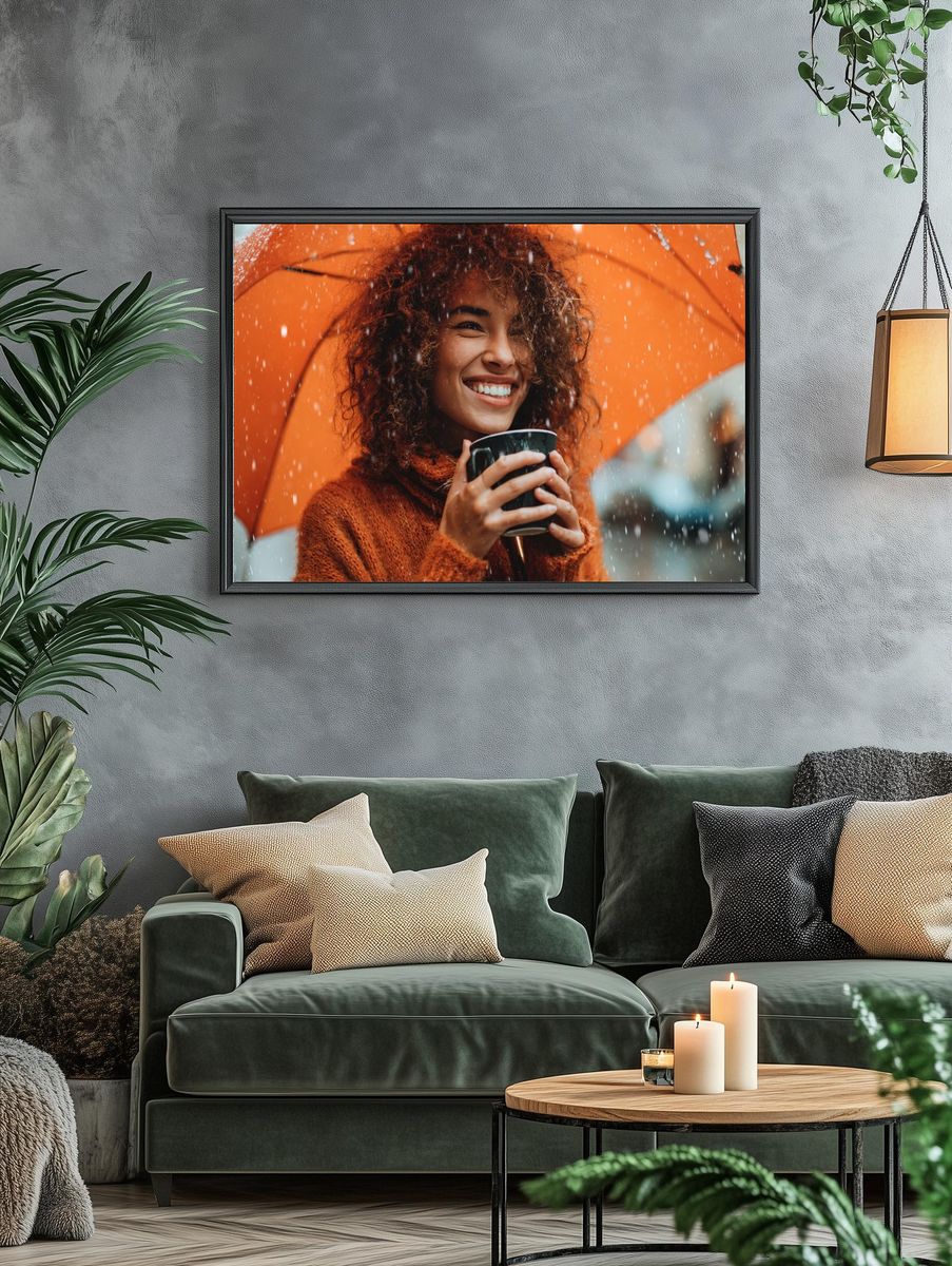 Smiling Woman in Rain Photography Poster. — room view 4