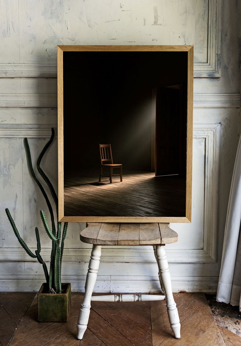 Lonely Chair in Dark Room Poster. — room view 1