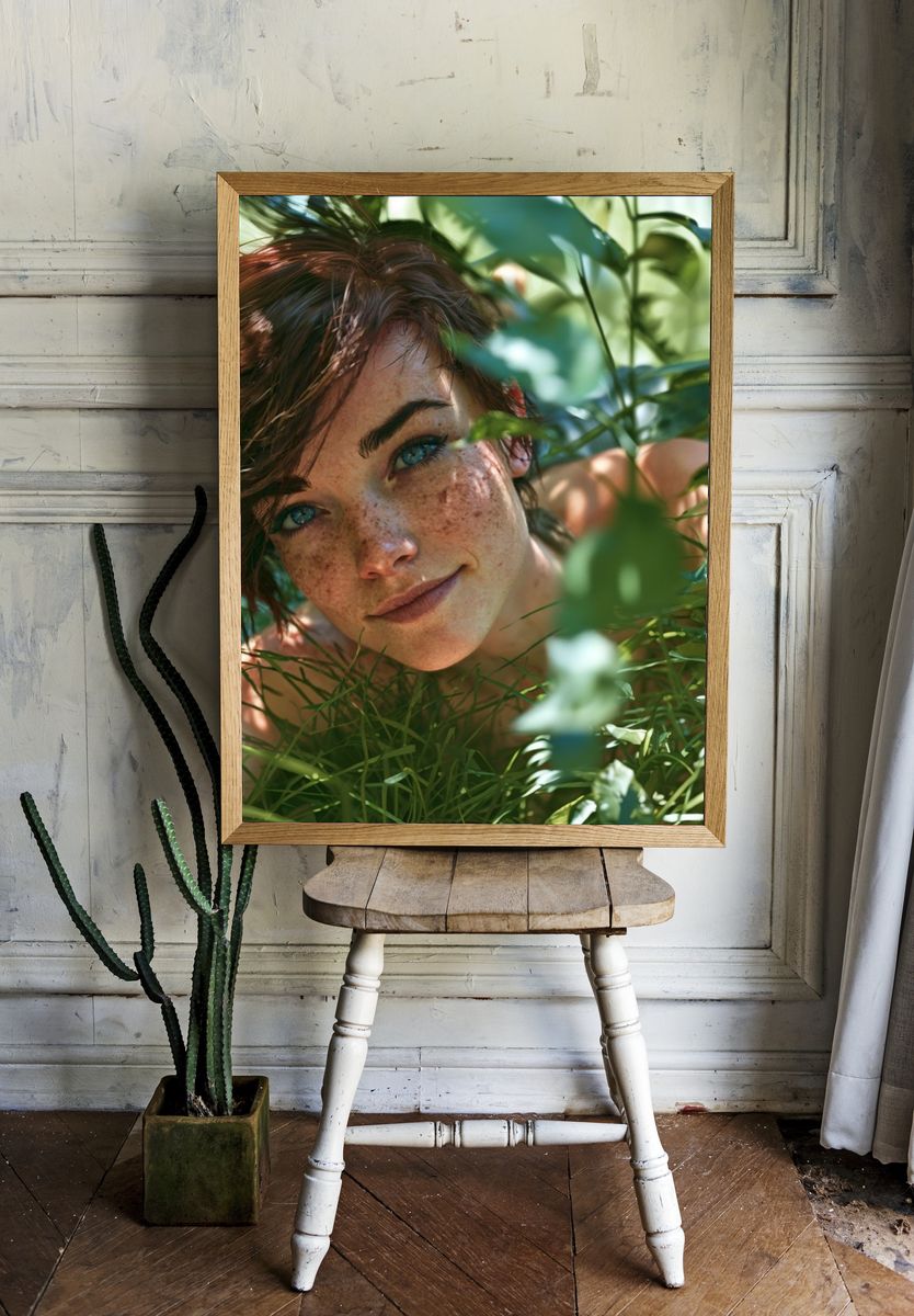 Freckled Portrait in Green Foliage Poster. room preview
