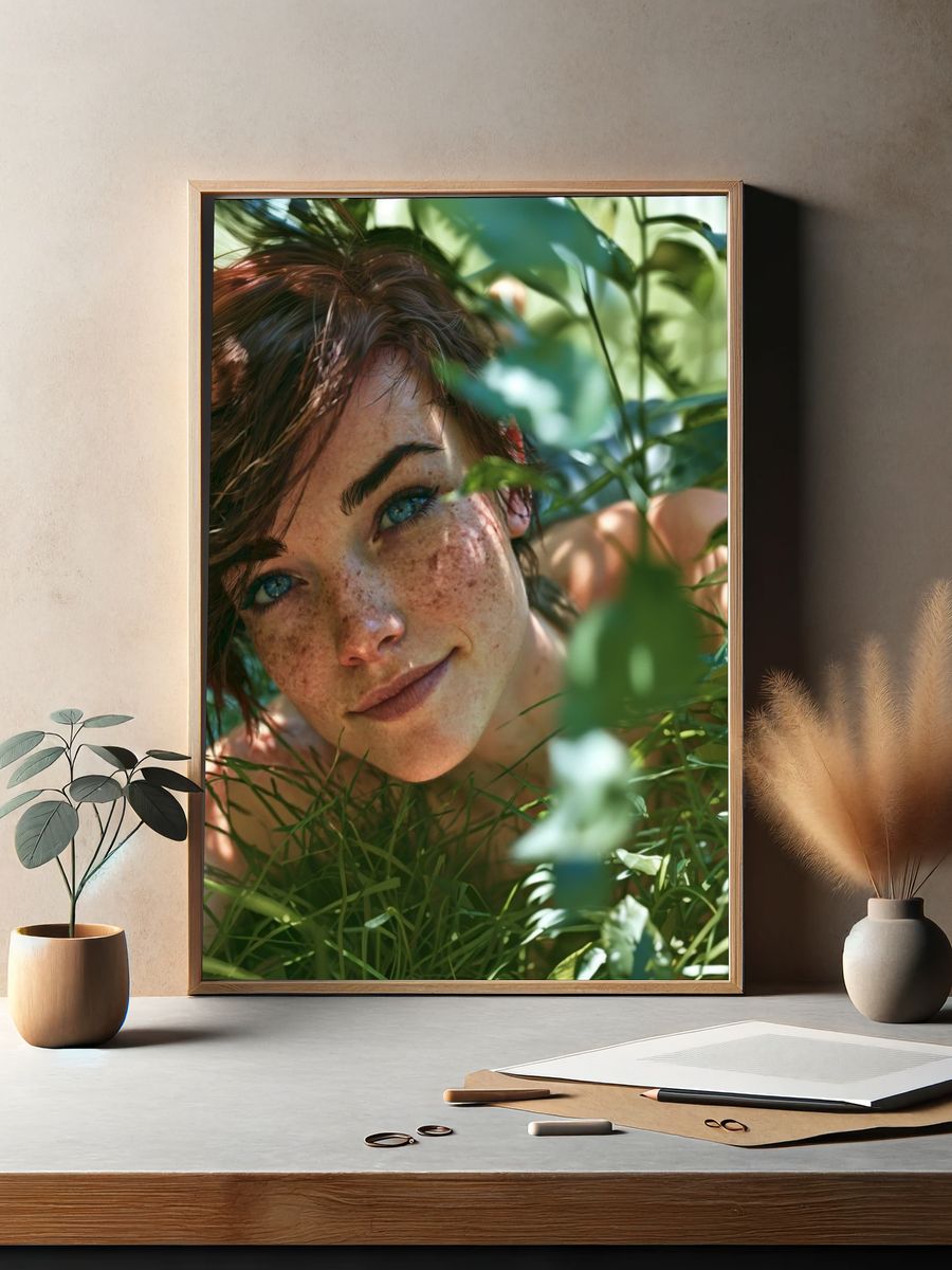 Freckled Portrait in Green Foliage Poster. — room view 2