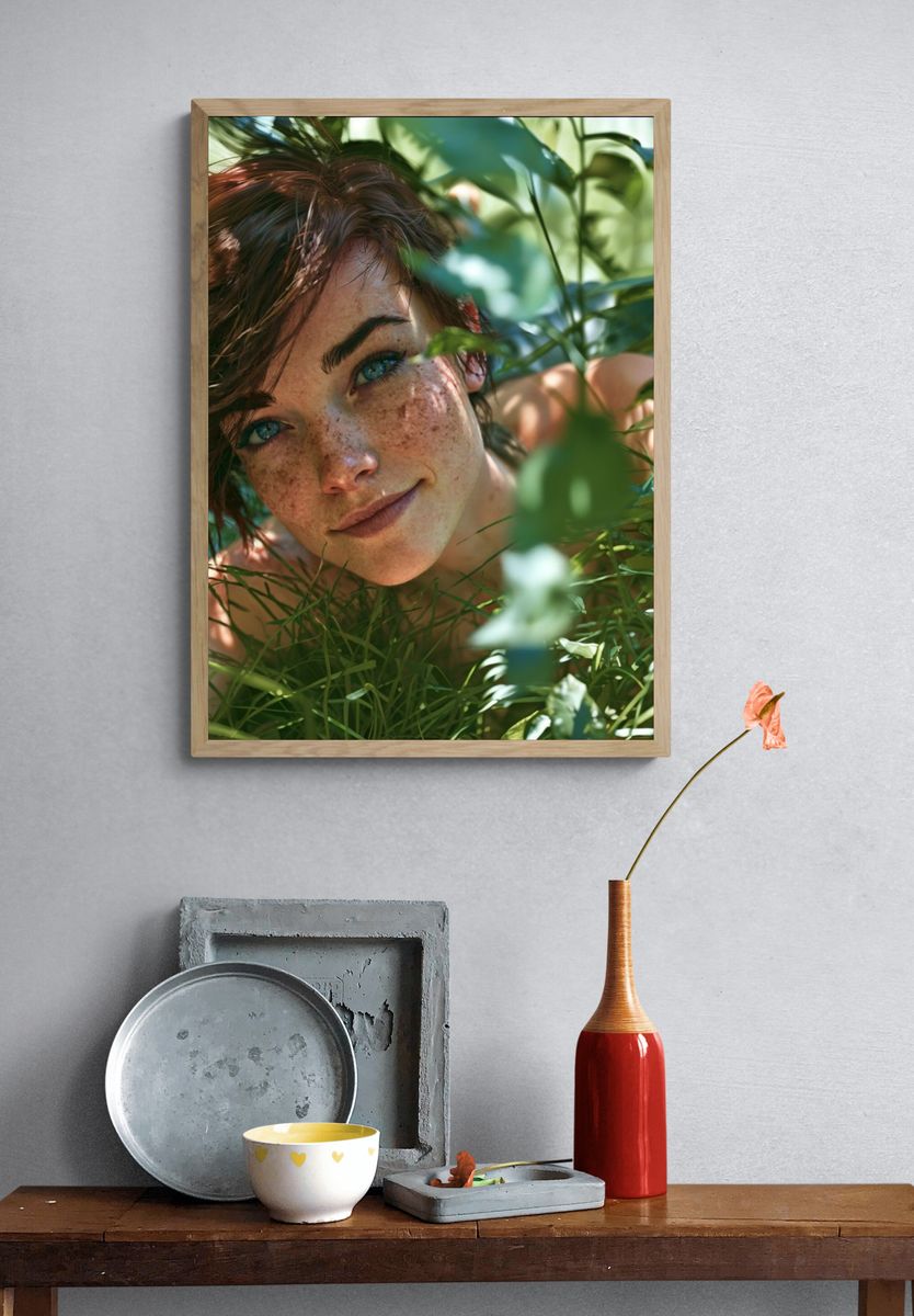Freckled Portrait in Green Foliage Poster. — room view 3