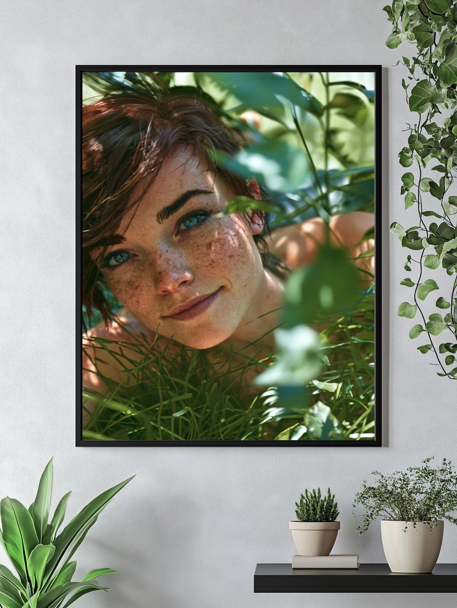Freckled Portrait in Green Foliage Poster. — room view 4