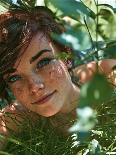Freckled Portrait in Green Foliage Poster. poster