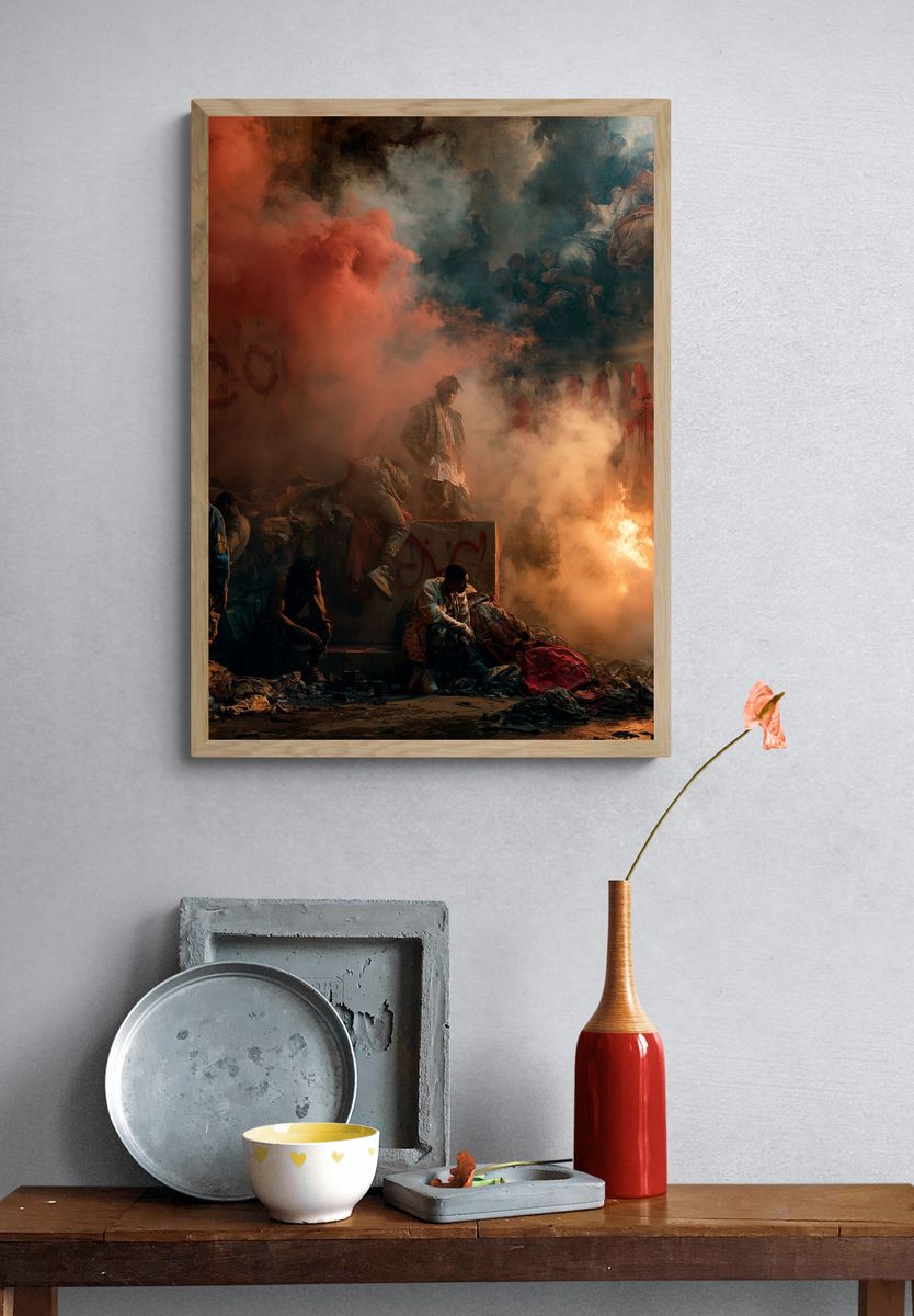 Smoky Urban Riot Photography Poster. — room view 3