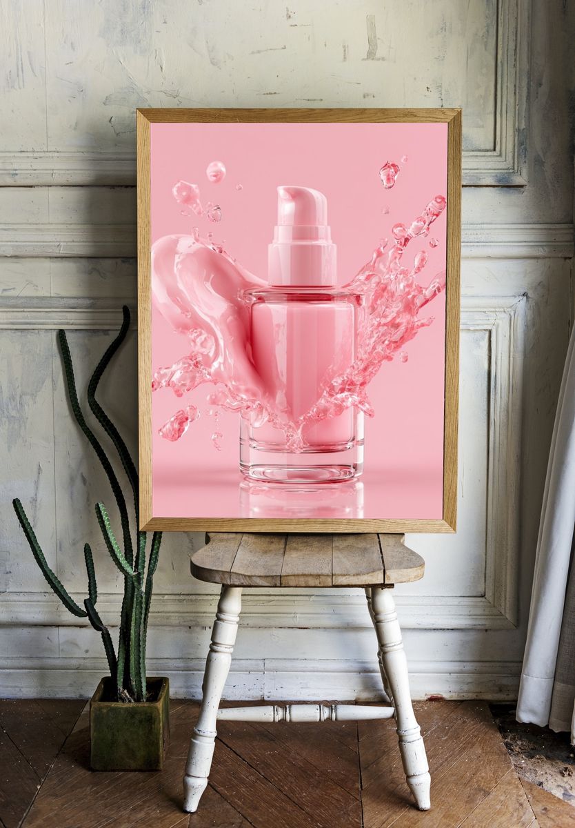 Pink Skincare Bottle Photography Poster. — room view 1
