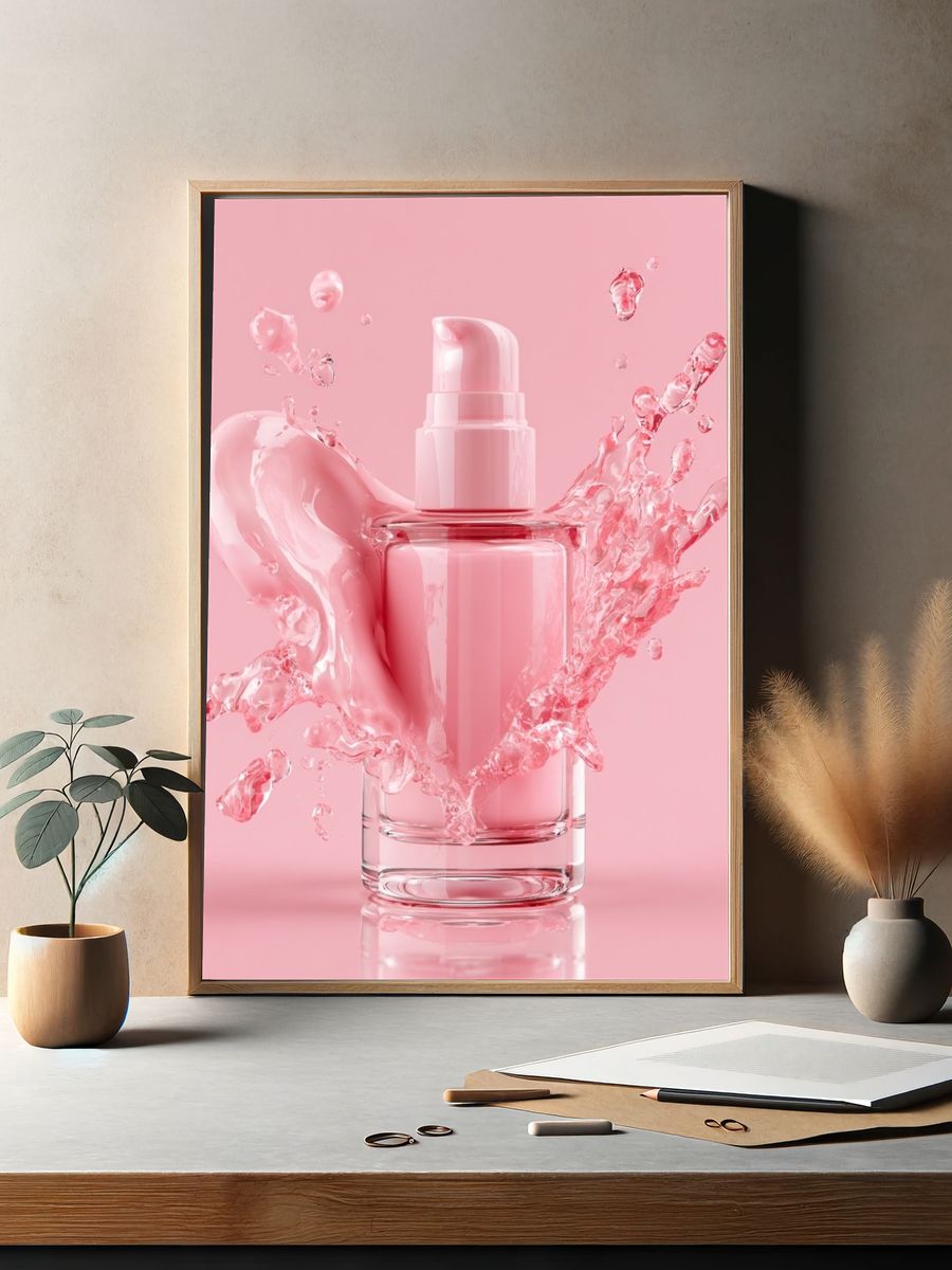 Pink Skincare Bottle Photography Poster. — room view 2
