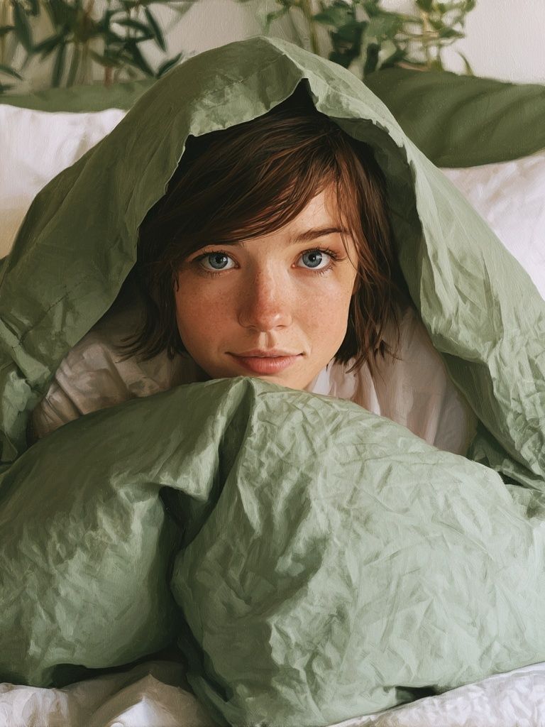 Cozy Portrait in Green Bedding Print. poster — photography art
