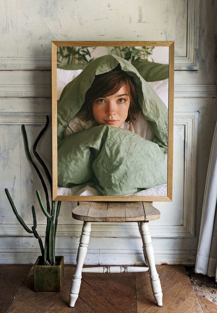 Cozy Portrait in Green Bedding Print. room preview