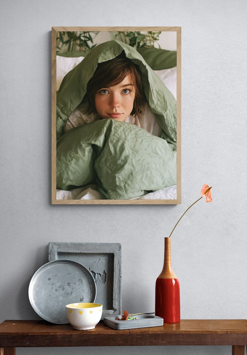 Cozy Portrait in Green Bedding Print. — room view 3