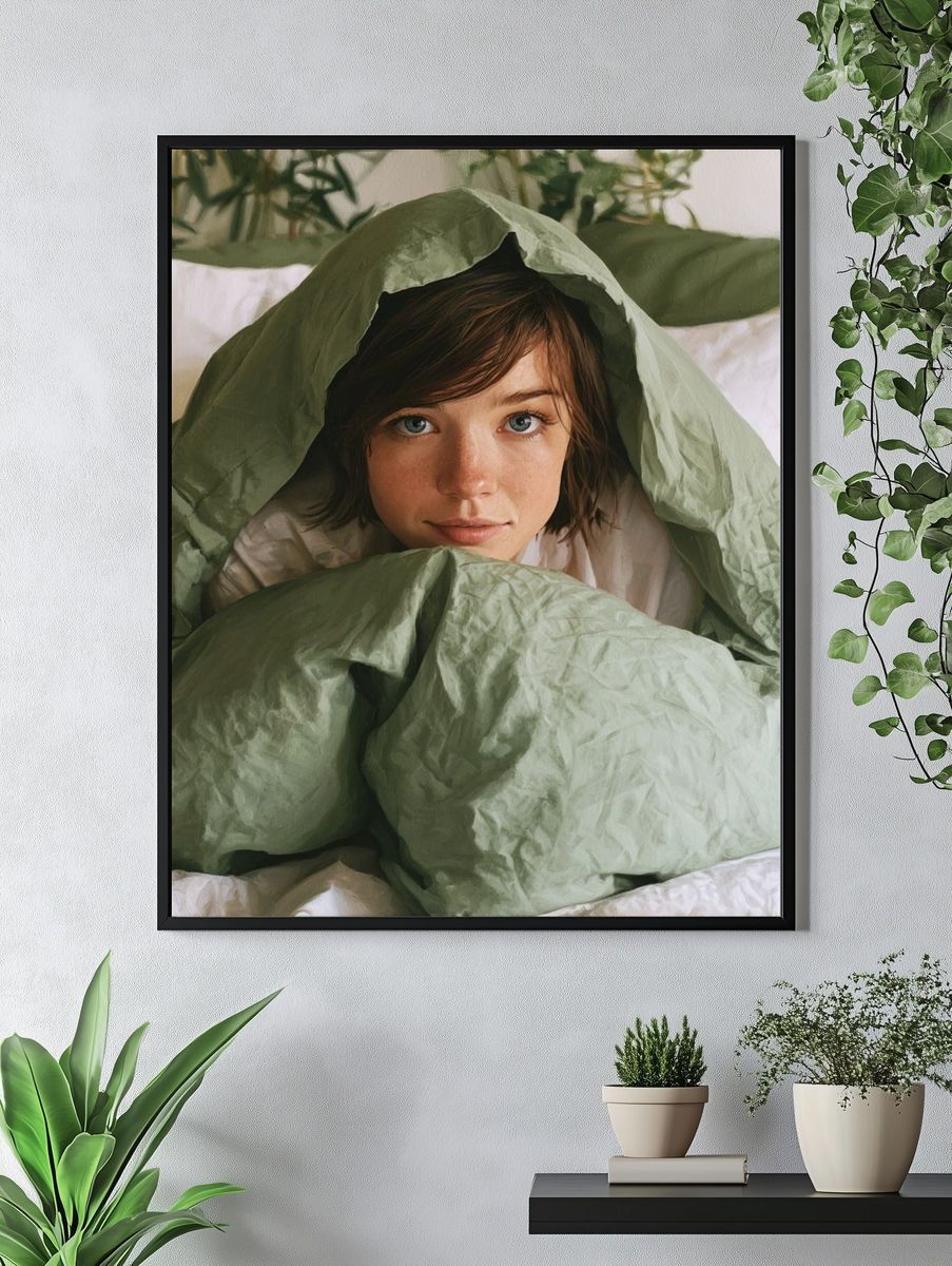 Cozy Portrait in Green Bedding Print. — room view 4