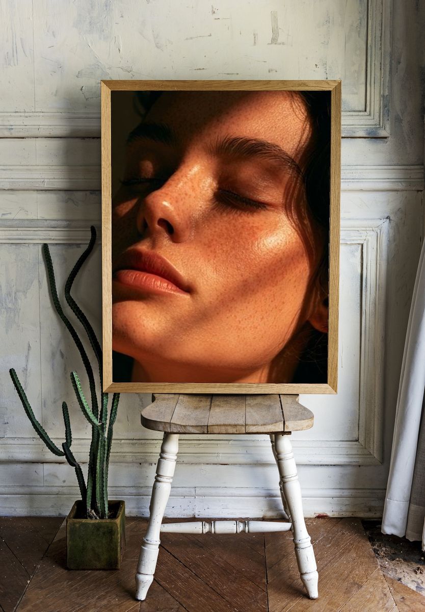 Sunlit Freckled Portrait Photography Poster. room preview