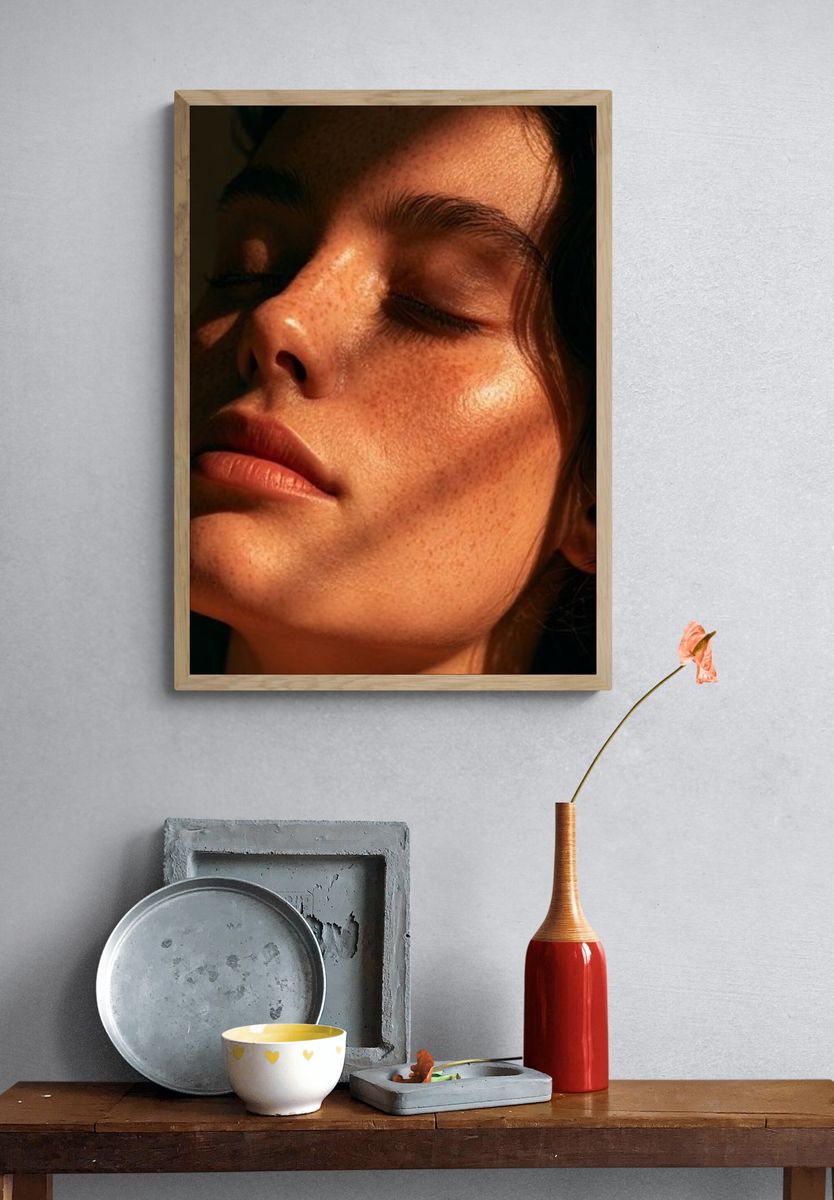 Sunlit Freckled Portrait Photography Poster. — room view 3