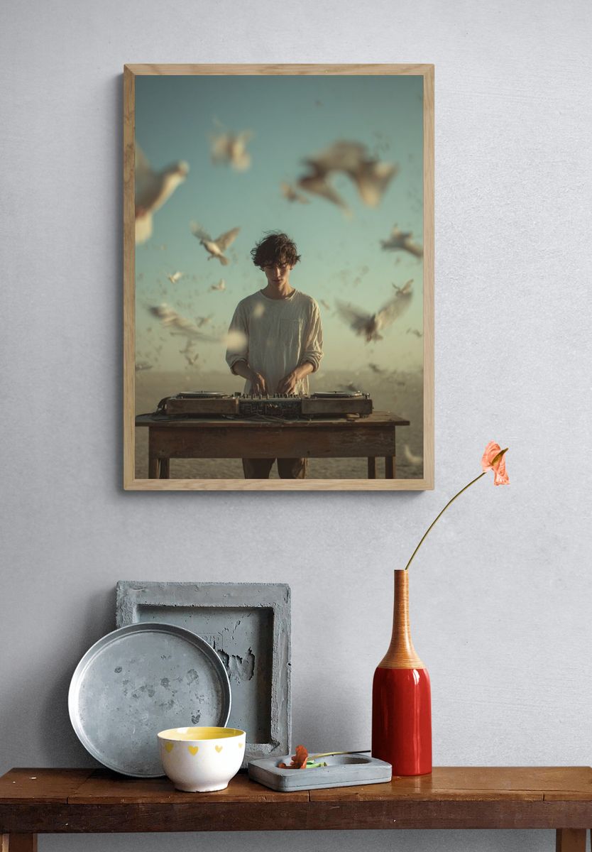 DJ in Desert Birds Photography Poster. — room view 3