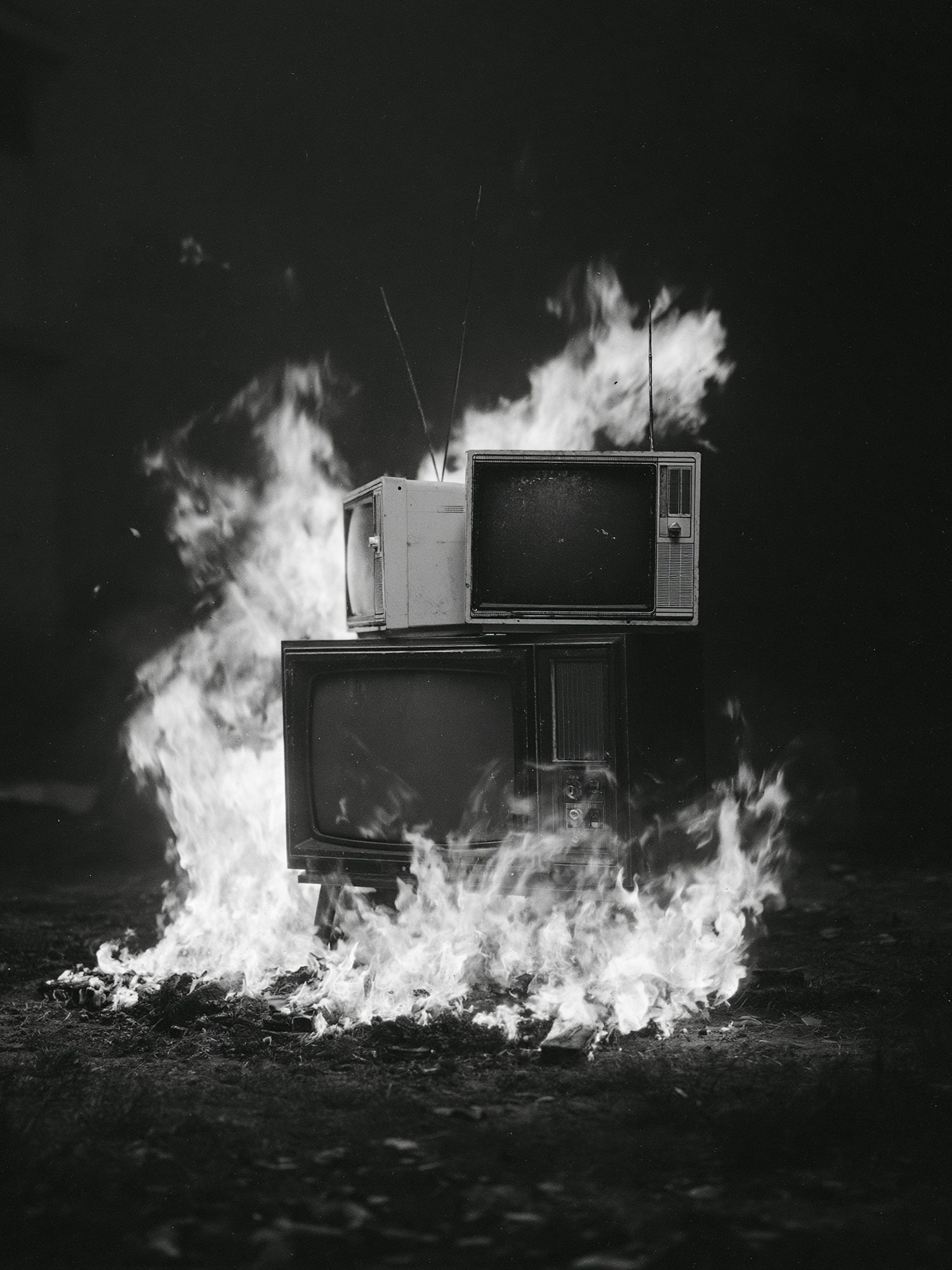 Burning TVs Black-White Poster. poster detail