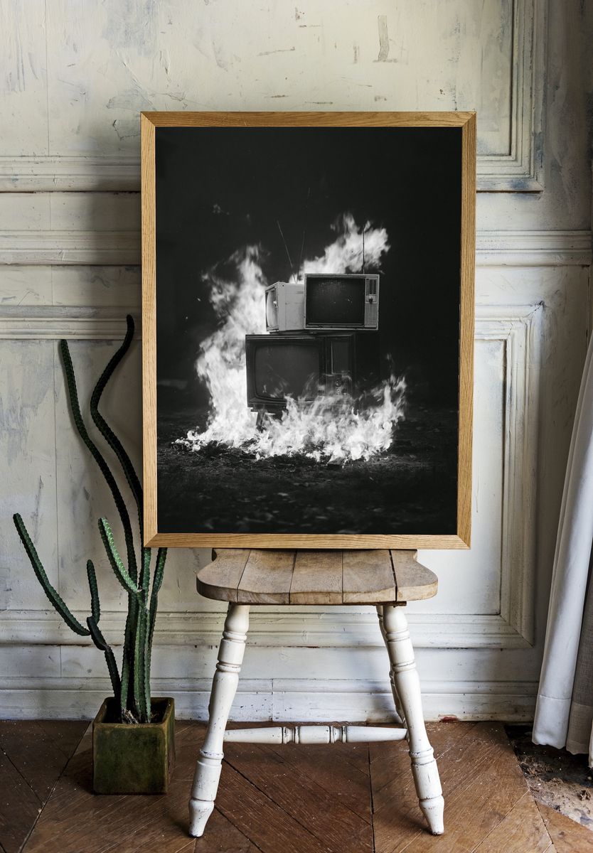 Burning TVs Black-White Poster. — room view 1