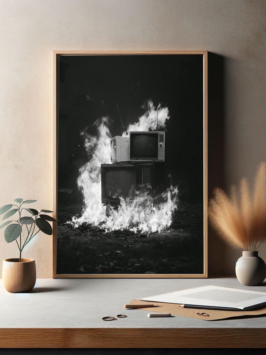 Burning TVs Black-White Poster. — room view 2