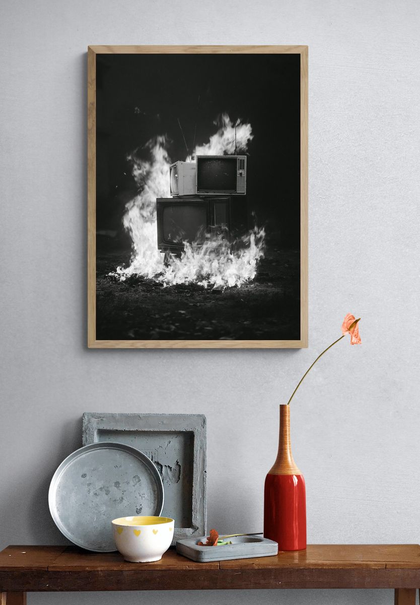 Burning TVs Black-White Poster. — room view 3