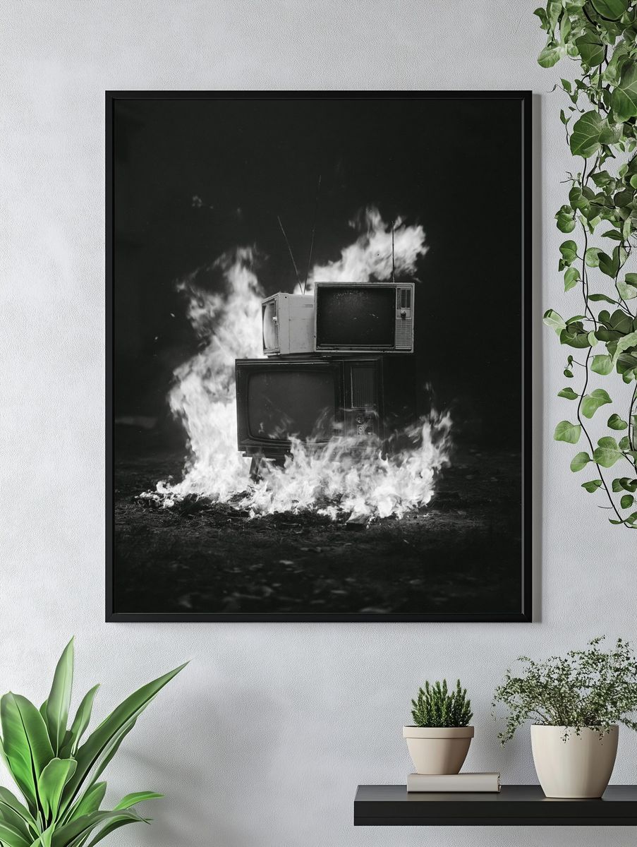 Burning TVs Black-White Poster. — room view 4