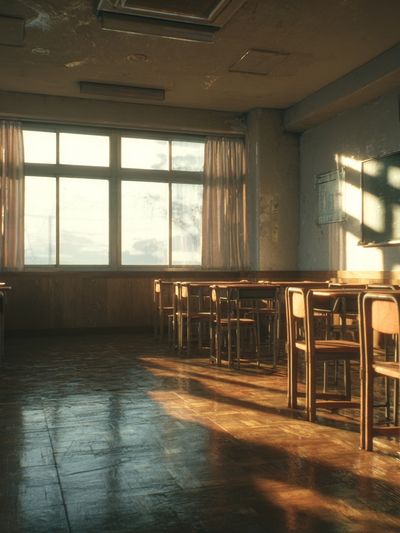 Sunlit Empty Classroom Photography Poster. poster print