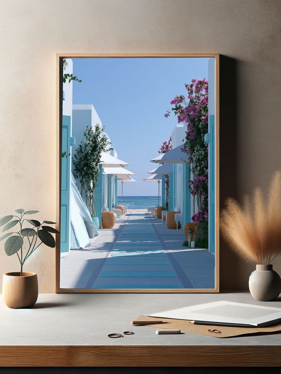 Santorini Seaside Path Photography Poster. — room view 2