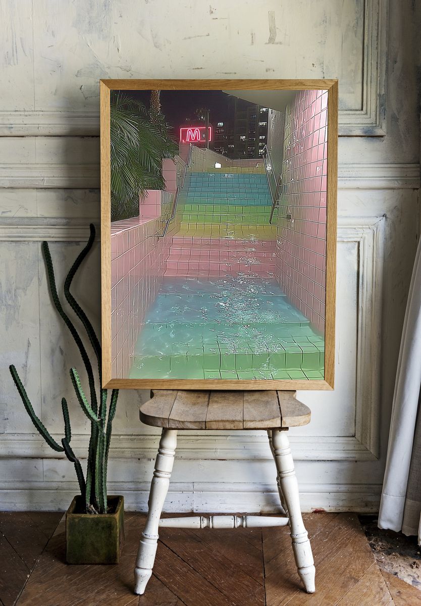Neon Rainbow Stairway Photography Poster. room preview