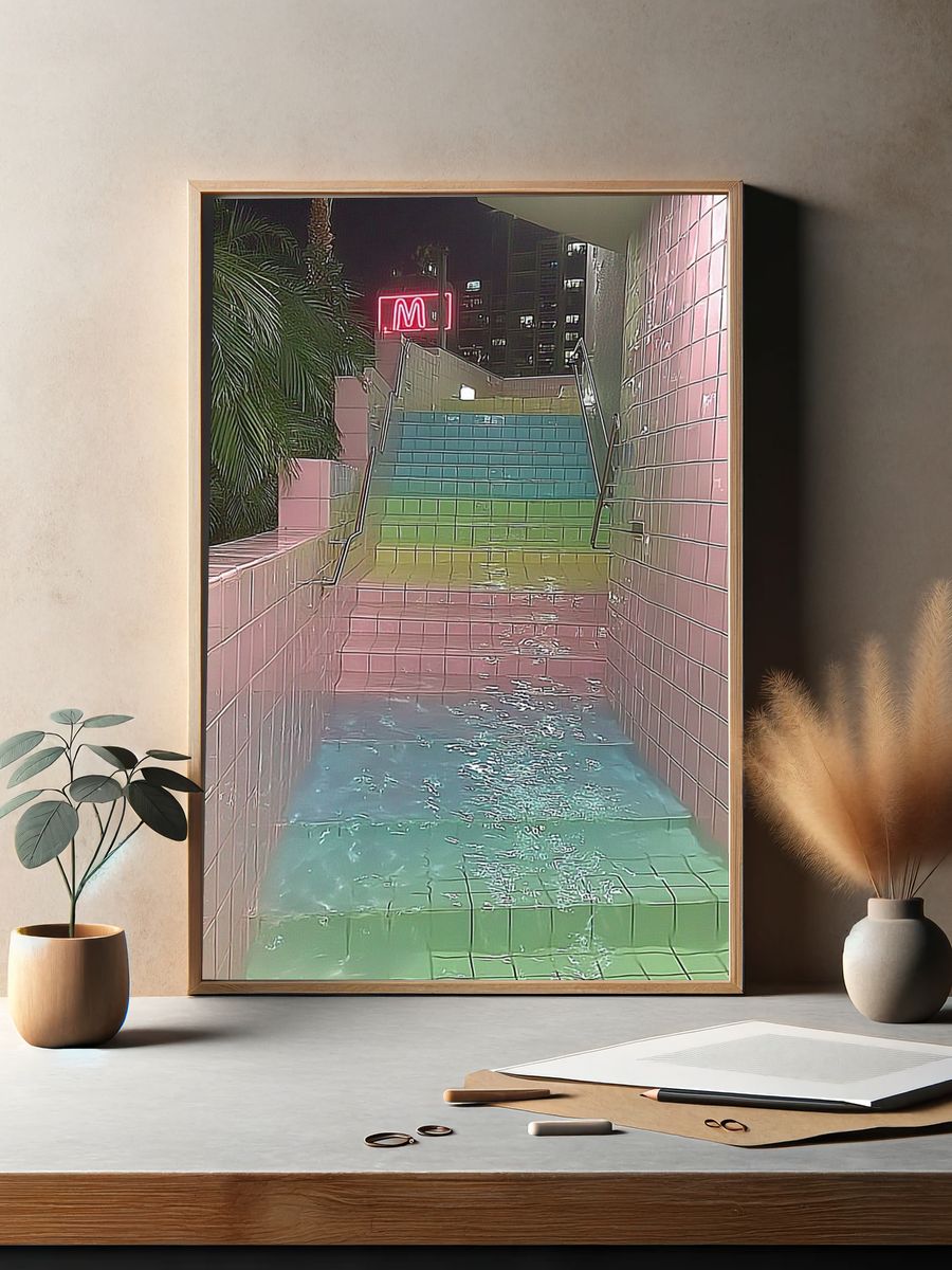Neon Rainbow Stairway Photography Poster. — room view 2